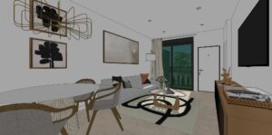 Render vivienda orquídeas salón.